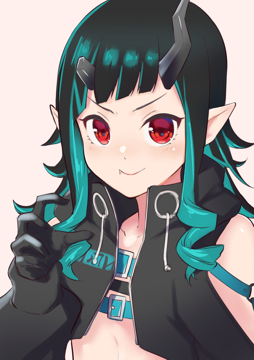 1girl, bangs, belt, beltbra, black_gloves, black_hair, black_jacket, blue_belt