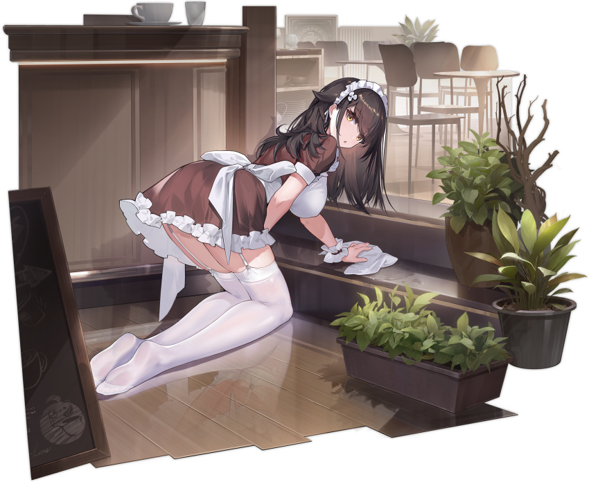 1girl, azur_lane, breasts, brown_hair, choukai_(azur_lane), choukai_(tidy_store_tidy_mind)_(azur_lane), from_behind, garter_straps