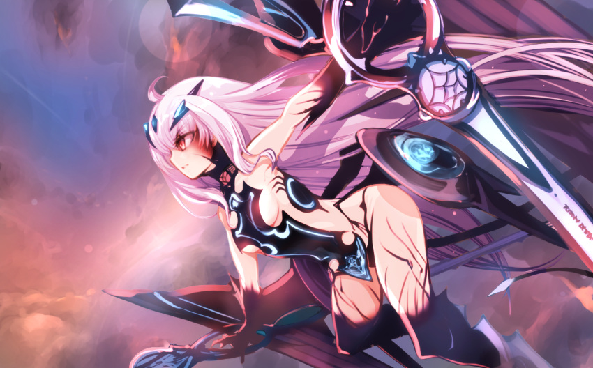 1girl, bangs, bare_shoulders, black_panties, body_markings, breasts, brown_eyes, dragon_wings, fairy_knight_lancelot_(fate), fate/grand_order, fate_(series), haku_(grimjin), long_hair, panties, revealing_clothes, sideboob, sidelocks, small_breasts, tail, thighs, underwear, white_hair, wings