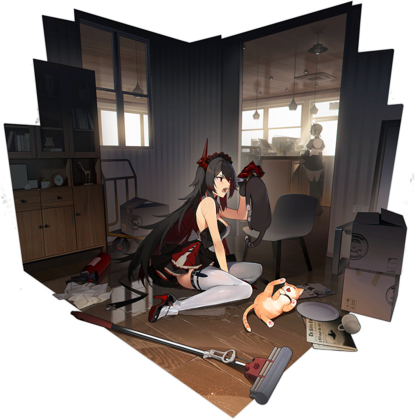 1girl, animal, arm_support, artist_request, azur_lane, bare_shoulders, black_hair, box