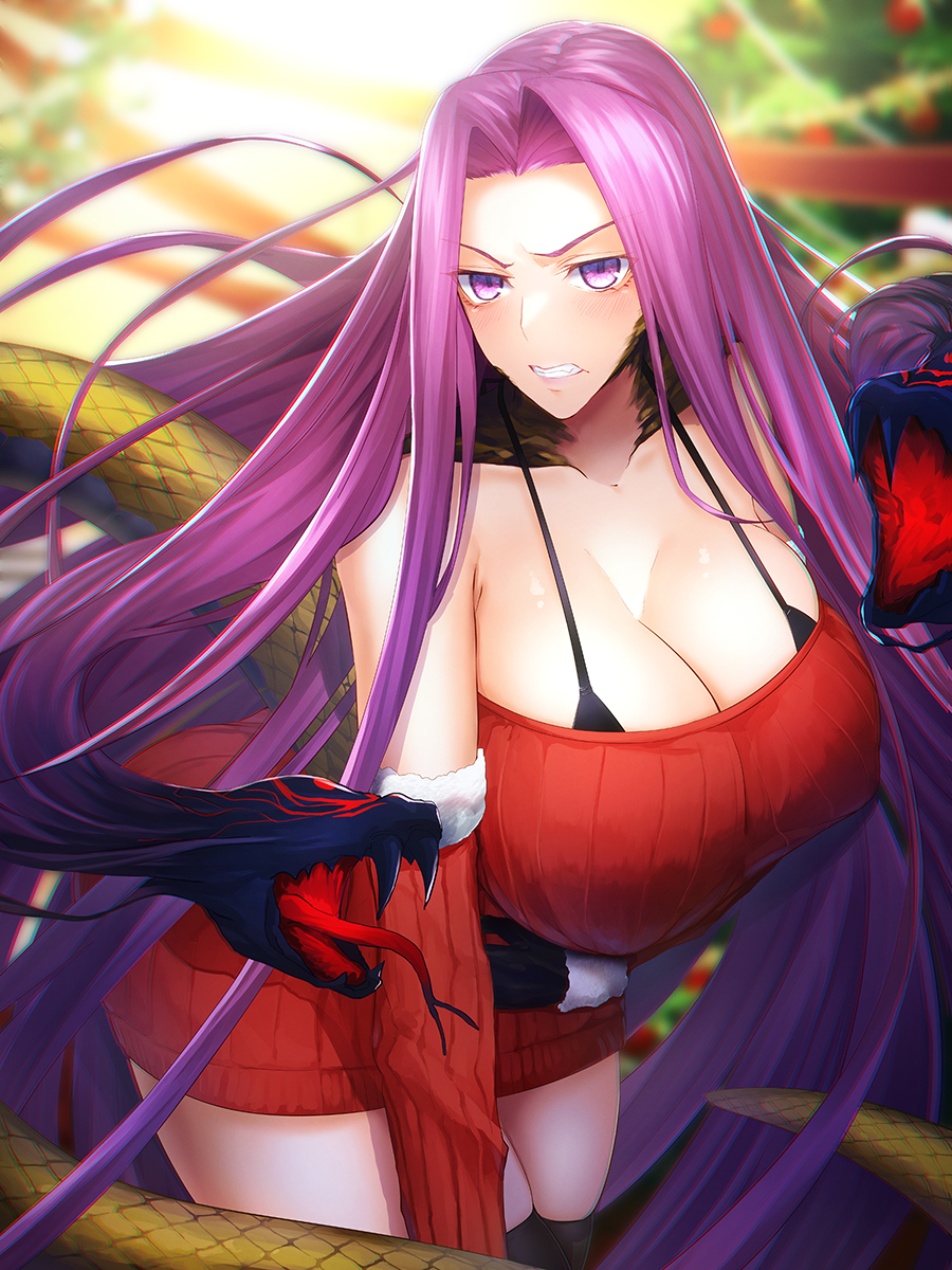 1girl, absurdly_long_hair, angry, breasts, christmas, curvy, fate/grand_order, fate_(series)