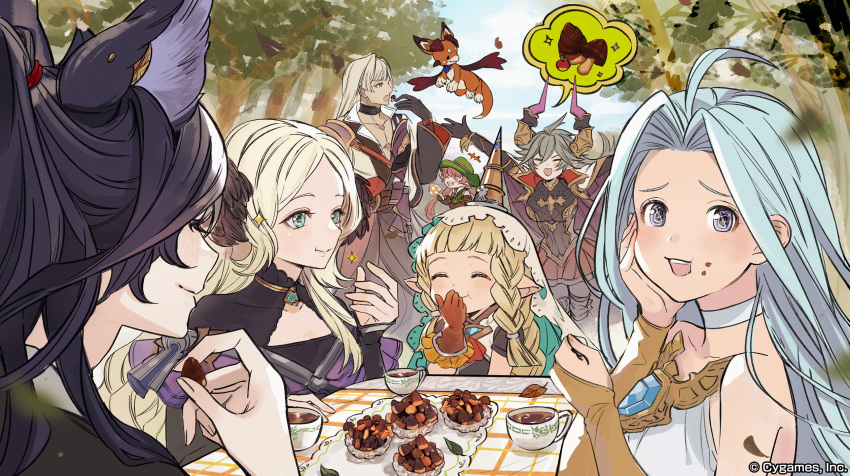 +++, +_+, 2boys, 6+girls, ^_^, ahoge, apple, aqua_eyes