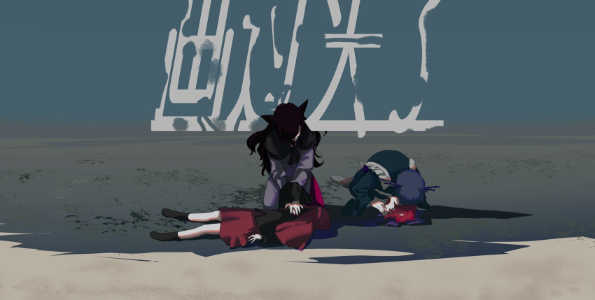 3girls, animal_ears, bangs, black_hair, black_shirt, blue_bow, blue_hair, bow
