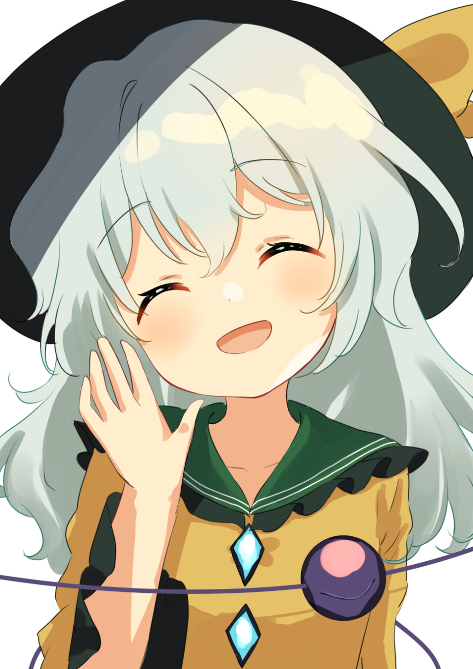 1girl, :d, blush, closed_eyes, hand_up, happy, hat, head_tilt