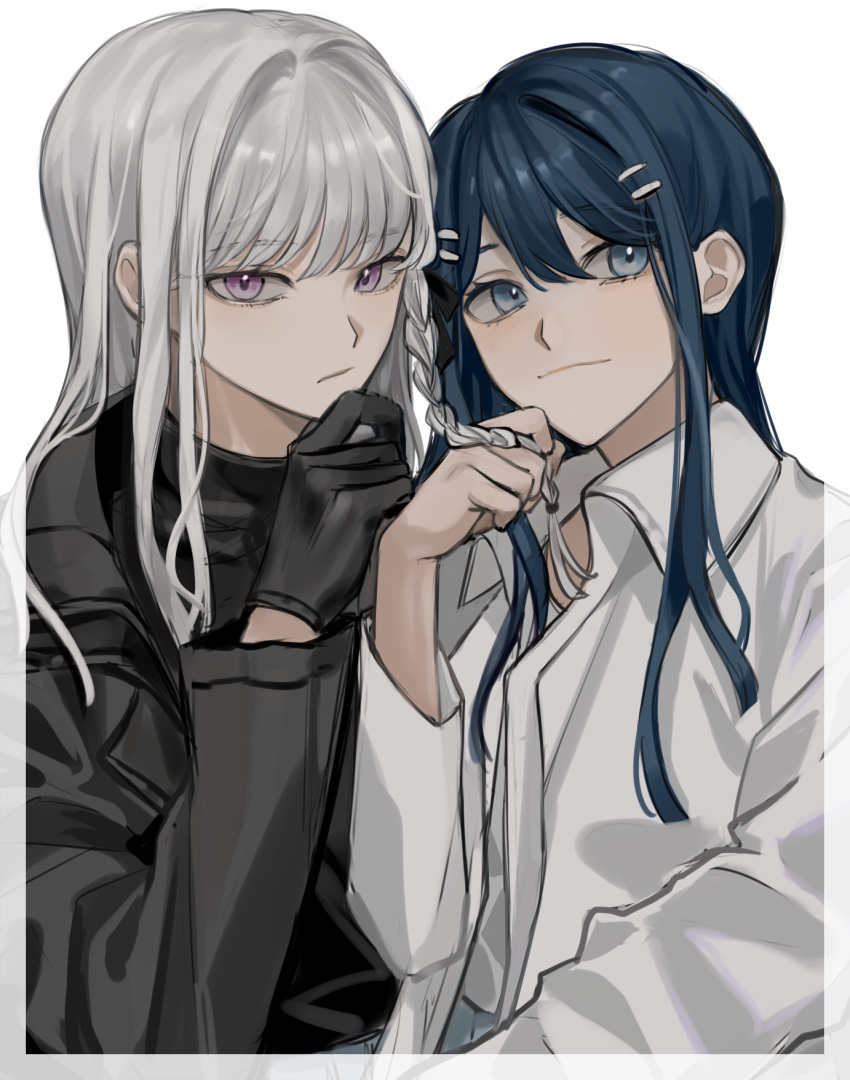 2girls, alternate_costume, bangs, black_gloves, black_jacket, blue_eyes, blue_hair, border, braid, closed_mouth, collared_shirt, commentary, danganronpa:_trigger_happy_havoc, danganronpa_(series), eyebrows_visible_through_hair, gloves, grey_eyes, grey_hair, hair_ornament, hairclip, highres, jacket, kirigiri_kyouko, long_hair, long_sleeves, looking_at_viewer, maizono_sayaka, multiple_girls, muuyiie, necktie, school_uniform, shirt, side_braid, silver_hair, simple_background, smile, symbol-only_commentary, violet_eyes, white_background, white_border