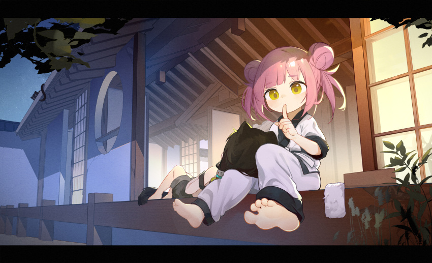 2girls, absurdres, animal_ears, barefoot, black_overalls, dog_ears, dog_girl, dog_tail