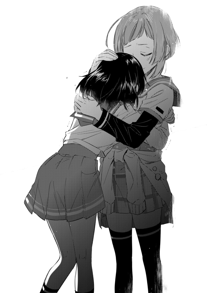 2girls, closed_eyes, clothes_around_waist, greyscale, highres, hug, jacket, jacket_around_waist