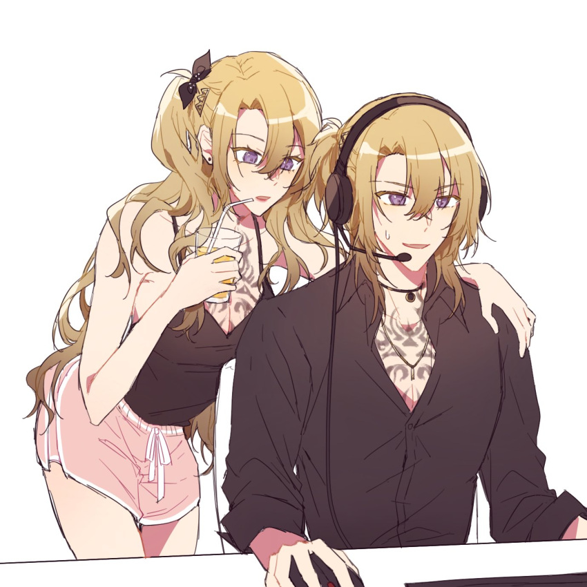 1boy, 1girl, black_bow, black_camisole, black_shirt, bow, camisole, chest_tattoo