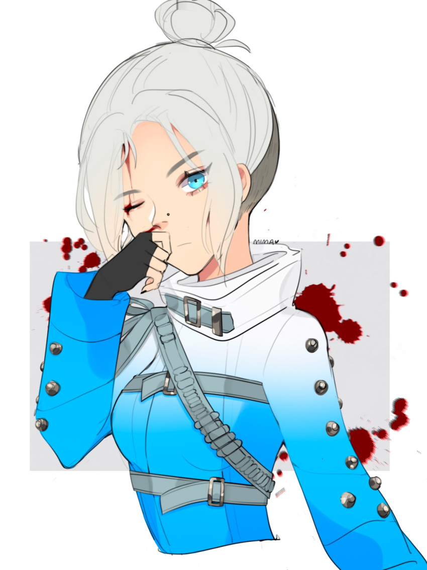 alternate_hairstyle, apex_legends, bangs, belt, blood, blood_on_face, blood_splatter, blue_eyes