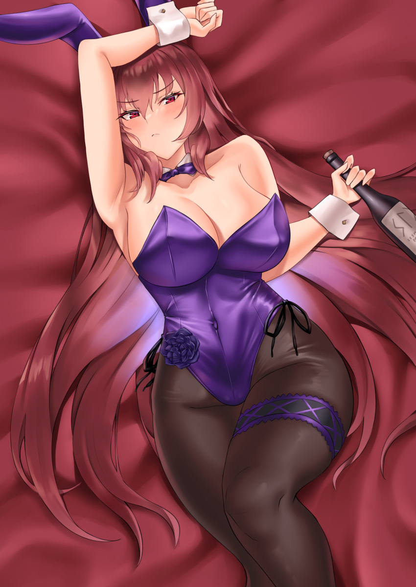 1girl, animal_ears, arashi_kei, bunny_girl, bunnysuit, detached_collar, fake_animal_ears, fate/grand_order, fate_(series), fishnets, hairband, highleg, highleg_leotard, highres, leotard, long_hair, piercing_bunny, purple_hair, purple_hairband, purple_leotard, purple_neckwear, rabbit_ears, red_eyes, scathach_(fate)_(all), scathach_(fate/grand_order), solo, strapless, strapless_leotard, wrist_cuffs