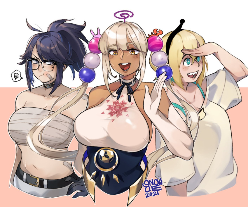 2021, 3girls, amano_pikamee, aqua_hair, artist_name, bandaid, bandaid_on_face, bandaid_on_shoulder