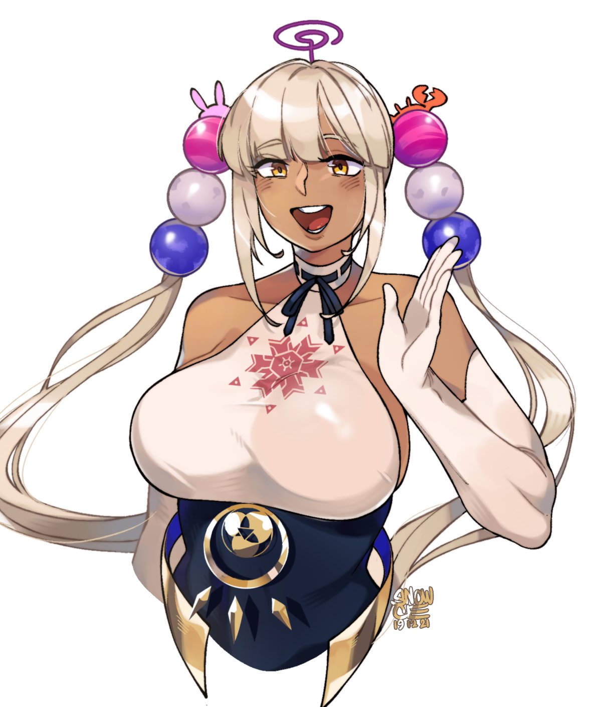 1girl, artist_name, bangs, beige_dress, beige_gloves, blonde_hair, breasts, brown_eyes