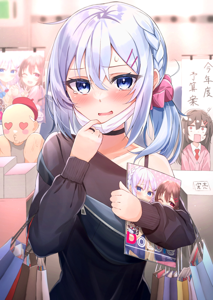 1boy, 2girls, absurdres, bag, bangs, behind_ear, black_hair, black_shirt