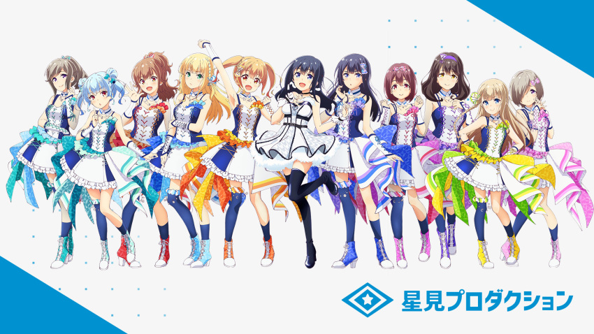 6+girls, bangs, black_hair, black_legwear, blonde_hair, blue_eyes, blue_legwear, braid, brown_eyes, brown_hair, clothes_lift, eyebrows_visible_through_hair, full_body, hairband, hayasaka_mei, high_heels, highres, hyodou_shizuku, ibuki_nagisa, ichinose_rei, idol, idoly_pride, jacket, kawasaki_sakura, long_hair, looking_at_viewer, multiple_girls, nagase_kotono, nagase_mana, narumiya_suzu, official_art, open_mouth, ponytail, saeki_haruko, shiraishi_chisa, shiraishi_saki, shoes, short_hair, skirt, skirt_lift, smile, thigh-highs, uniform, violet_eyes