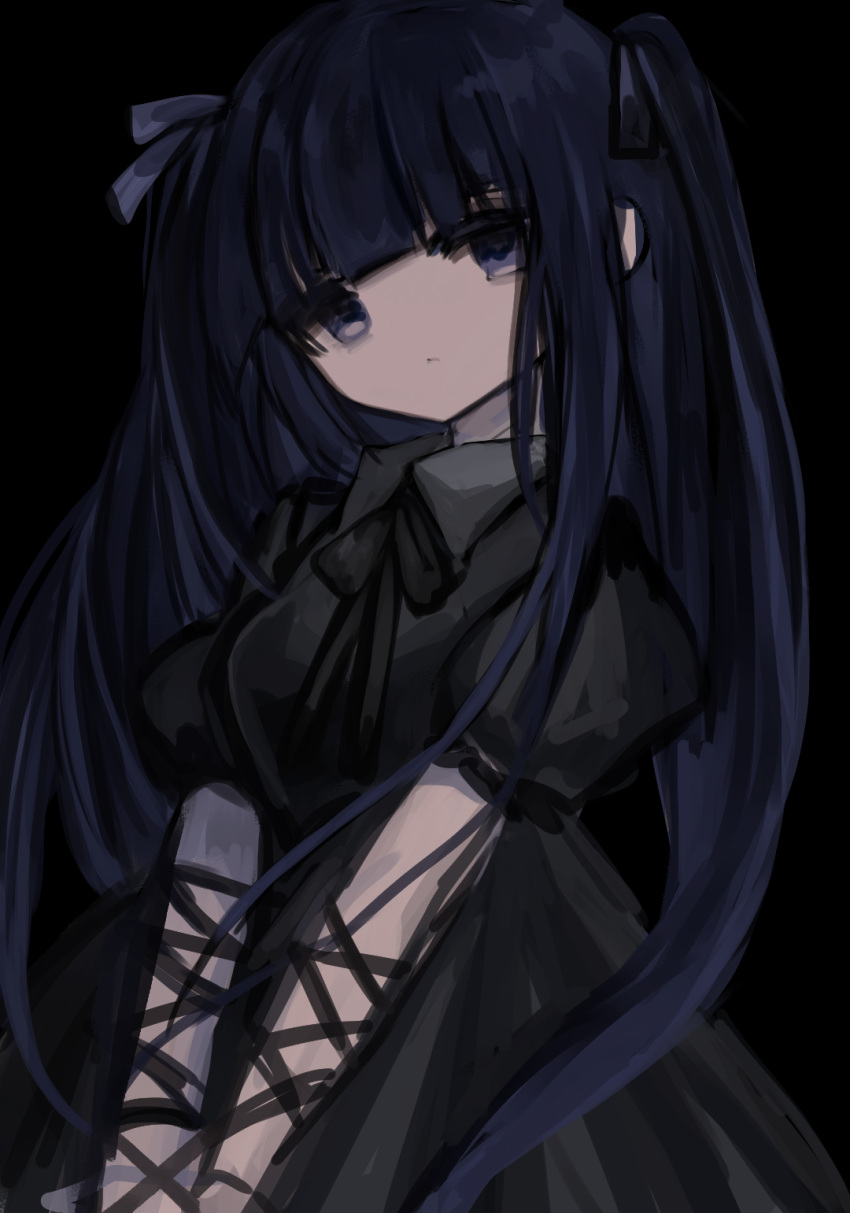 1girl, arm_ribbon, bangs, black_background, black_dress, blunt_bangs, closed_mouth, commentary_request