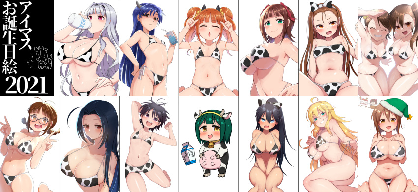 2021, 6+girls, :d, :o, @_@, ^_^, absurdres, ahoge, akizuki_ritsuko, amami_haruka, animal_print, antenna_hair, arm_behind_head, armpits, bangs, bikini, black-framed_eyewear, black_hair, black_horns, blonde_hair, blue_eyes, blue_hair, blunt_bangs, blush, bottle, braid, breasts, brown_eyes, brown_hair, christmas, clenched_hand, clenched_teeth, closed_eyes, closed_mouth, collarbone, commentary_request, cow_horns, cow_print, dated, double_v, drinking, eyebrows_visible_through_hair, eyes_visible_through_hair, fang, fangs, flat_chest, frown, futami_ami, futami_mami, ganaha_hibiki, glasses, green_eyes, green_headwear, hagiwara_yukiho, hair_between_eyes, hair_ribbon, hairband, hand_on_hip, happy_birthday, hat, highres, holding, holding_bottle, horns, hoshii_miki, idolmaster, idolmaster_(classic), kikuchi_makoto, kisaragi_chihaya, kneeling, konboi-eg, large_breasts, legs, long_hair, looking_at_viewer, medium_breasts, milk, milk_bottle, minase_iori, miura_azusa, multiple_girls, navel, open_mouth, orange_eyes, ponytail, print_bikini, print_hairband, red_eyes, red_ribbon, ribbon, round_teeth, santa_hat, shijou_takane, short_hair, siblings, side-tie_bikini, side_ponytail, silver_hair, simple_background, sisters, sitting, small_breasts, smile, solo, standing, standing_on_one_leg, sweatdrop, swimsuit, takatsuki_yayoi, teeth, thighs, twin_braids, twins, twintails, upper_body, upper_teeth, v, violet_eyes, white_background, white_bikini, white_hairband, yellow_eyes