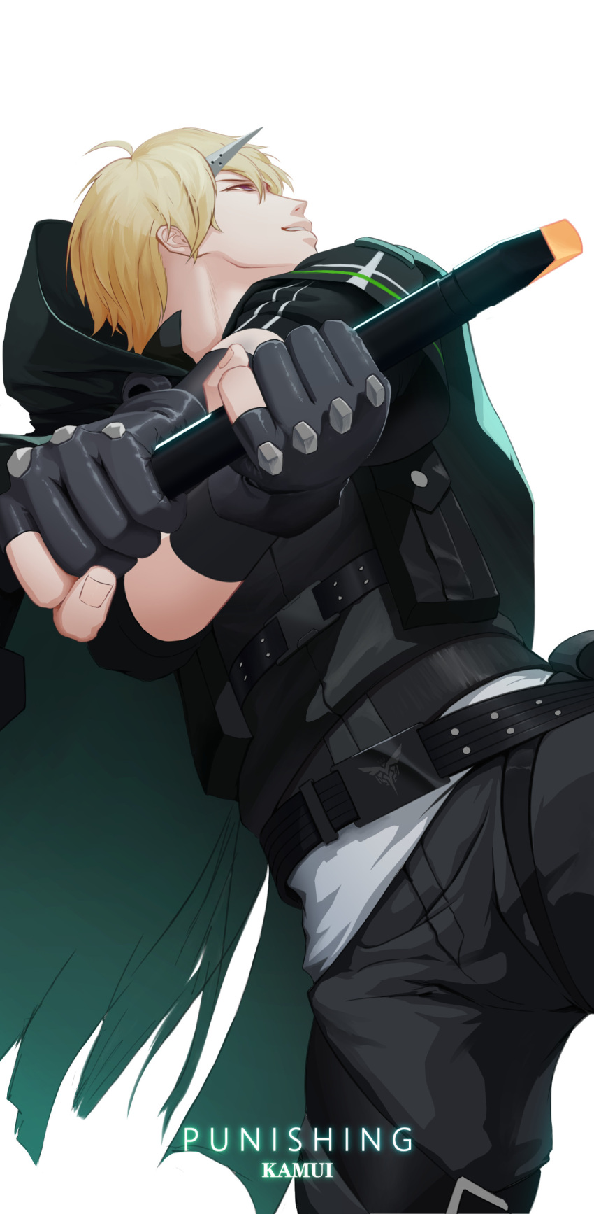1boy, absurdres, bangs, black_gloves, black_jacket, black_pants, blonde_hair, brown_eyes