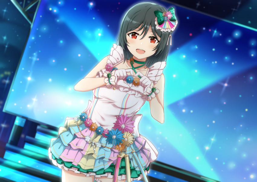 absurdres, ankle_flower, bangs, black_hair, collarbone, dark_green_hair, fang, frilled_straps
