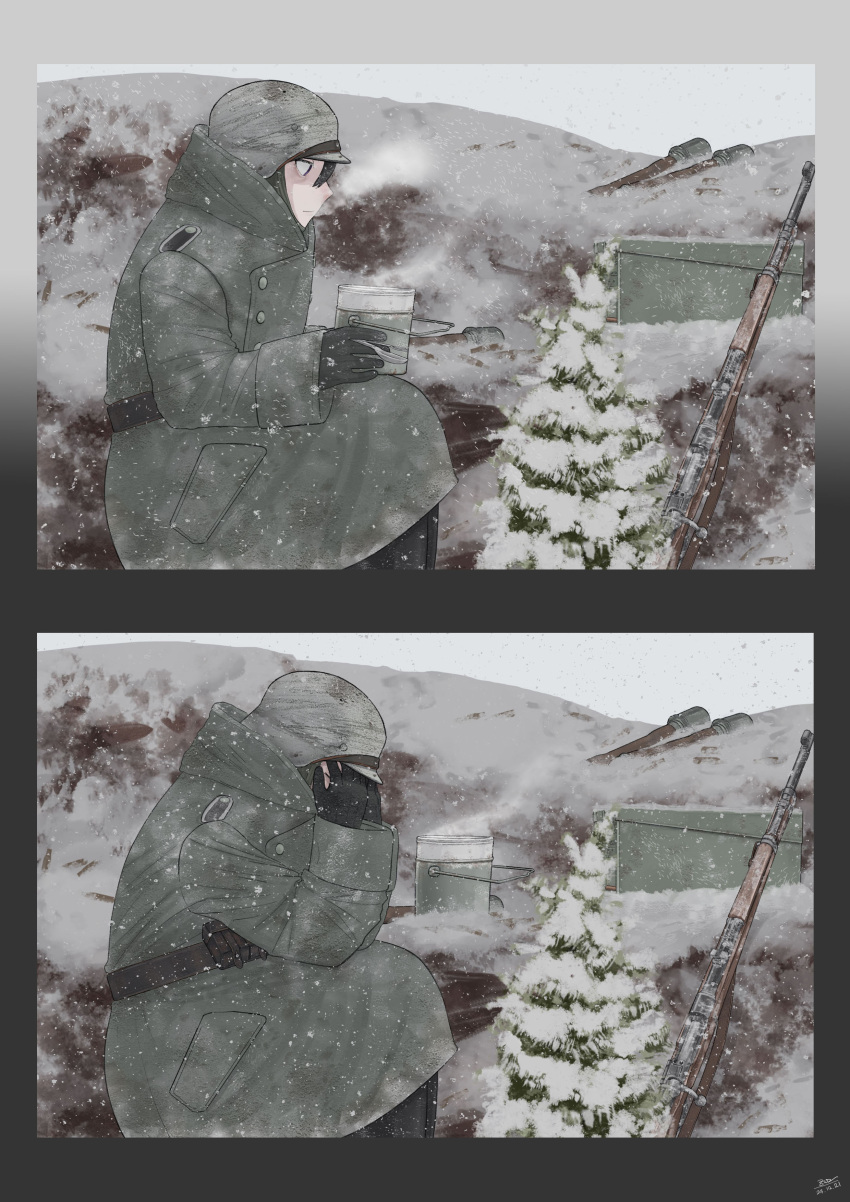 absurdres, ammunition_box, belt, breath, canteen, christmas_tree, cold, explosive