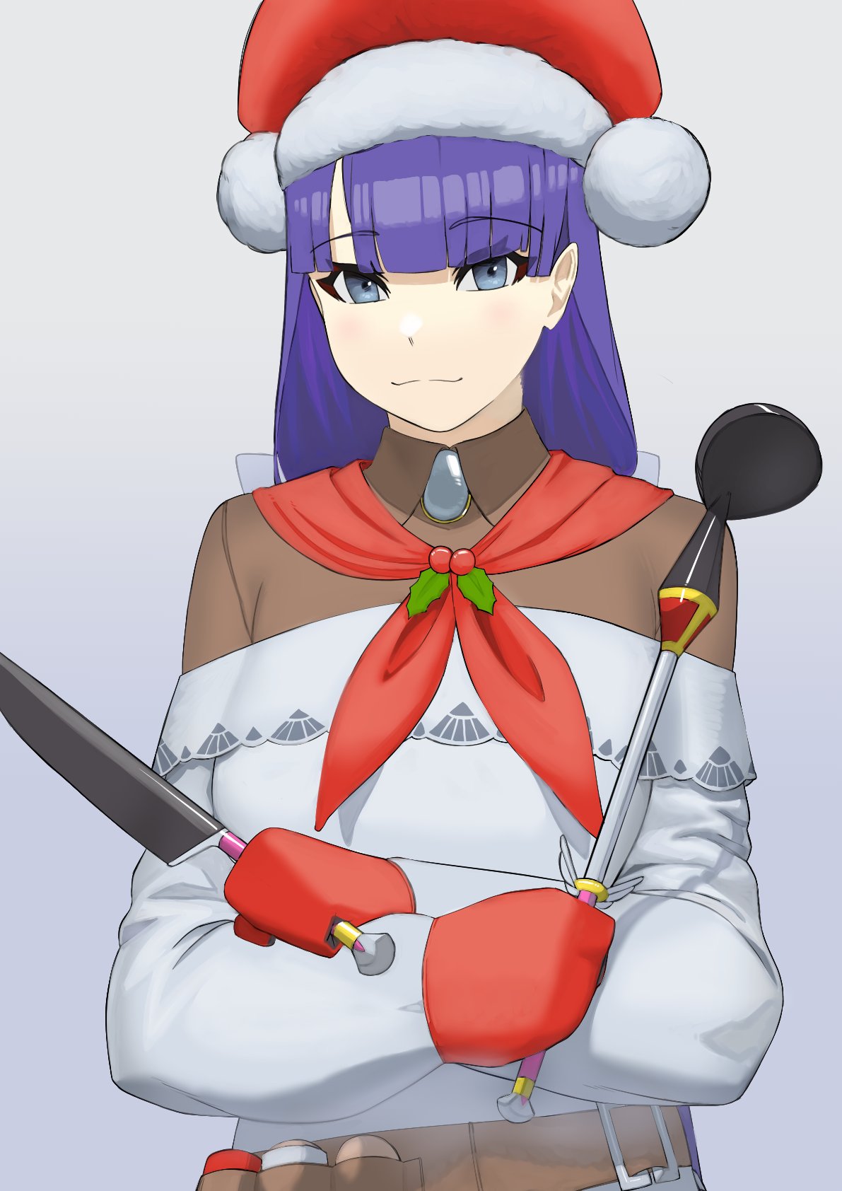 blue_hair, buffy_(risottosf), christmas, cooking, crossed_arms, fate/grand_order, fate_(series), gloves