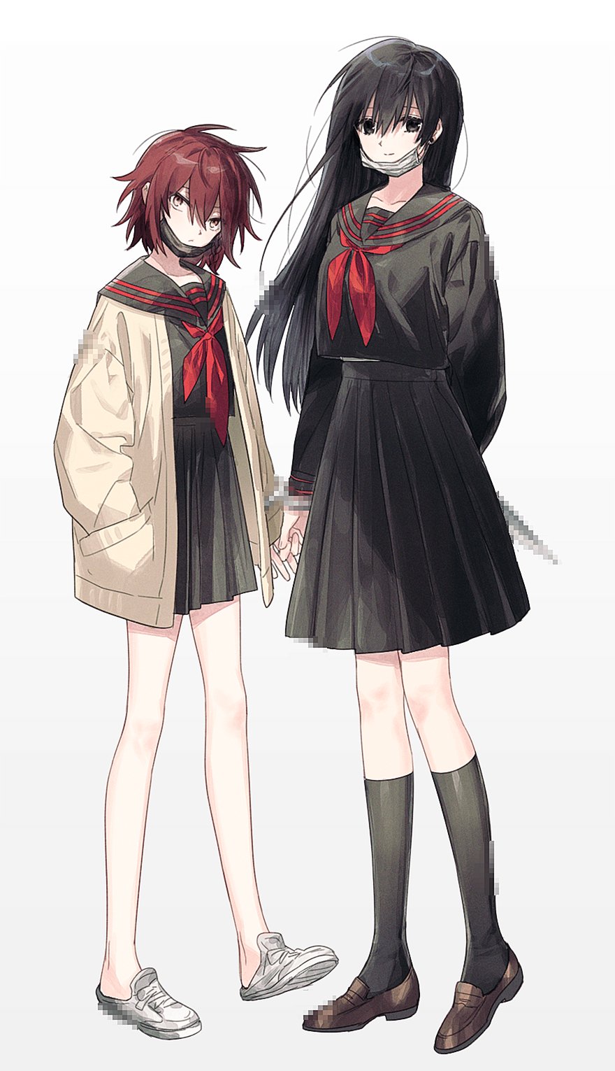 braid, cardigan, censored, cuffed, cuffs, ear_piercing, fujo0t4ku, genderswap