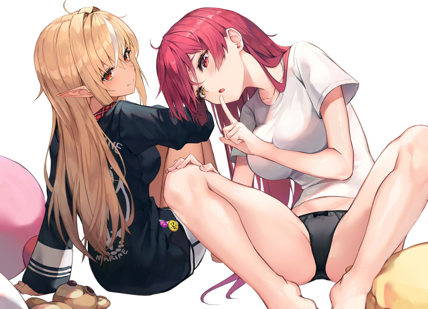 2girls, bangs, barefoot, black_panties, blonde_hair, bow, bow_panties, breasts, closed_mouth, clothes_writing, collarbone, cosplay, dark-skinned_female, dark_skin, eyelashes, from_behind, hair_between_eyes, hand_on_own_knee, heterochromia, highres, hololive, houshou_marine, houshou_marine_(cosplay), index_finger_raised, knees_up, large_breasts, light_smile, long_hair, looking_at_viewer, looking_back, multicolored_hair, multiple_girls, myung_yi, no_pants, panties, plaid, pointy_ears, red_eyes, redhead, shiranui_flare, shirt, short_shorts, short_sleeves, shorts, simple_background, sitting, spread_legs, streaked_hair, stuffed_toy, symbol-only_commentary, t-shirt, thighs, underwear, virtual_youtuber, white_shirt, yellow_eyes