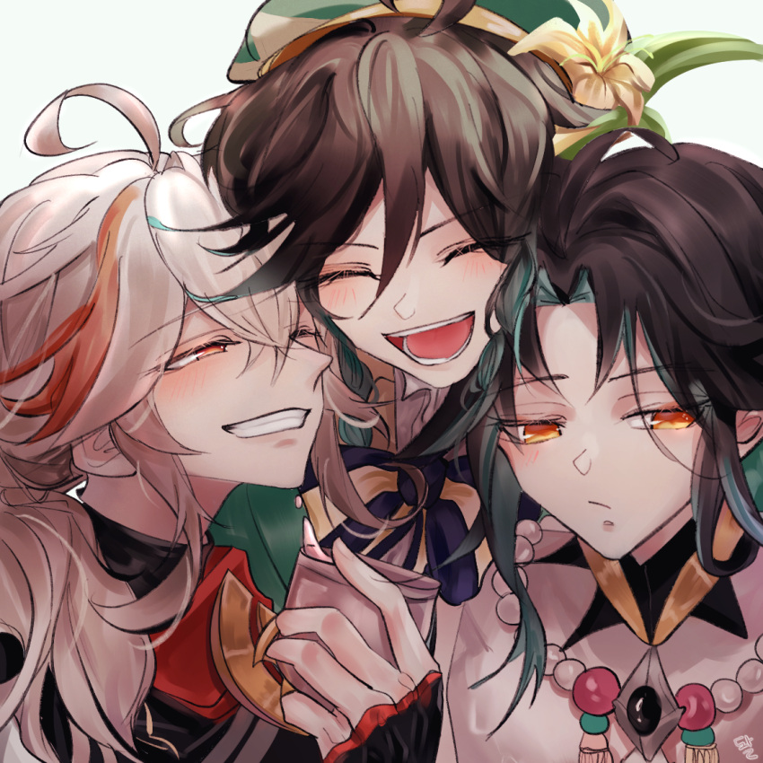 3boys, bishounen, close-up, closed_eyes, commentary_request, cup, doru, expressionless