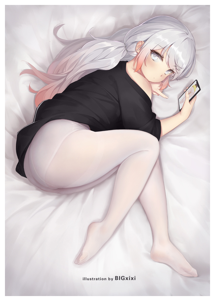 1girl, ass, bangs, bigxixi, black_sweater, blush, cellphone, cellphone_picture