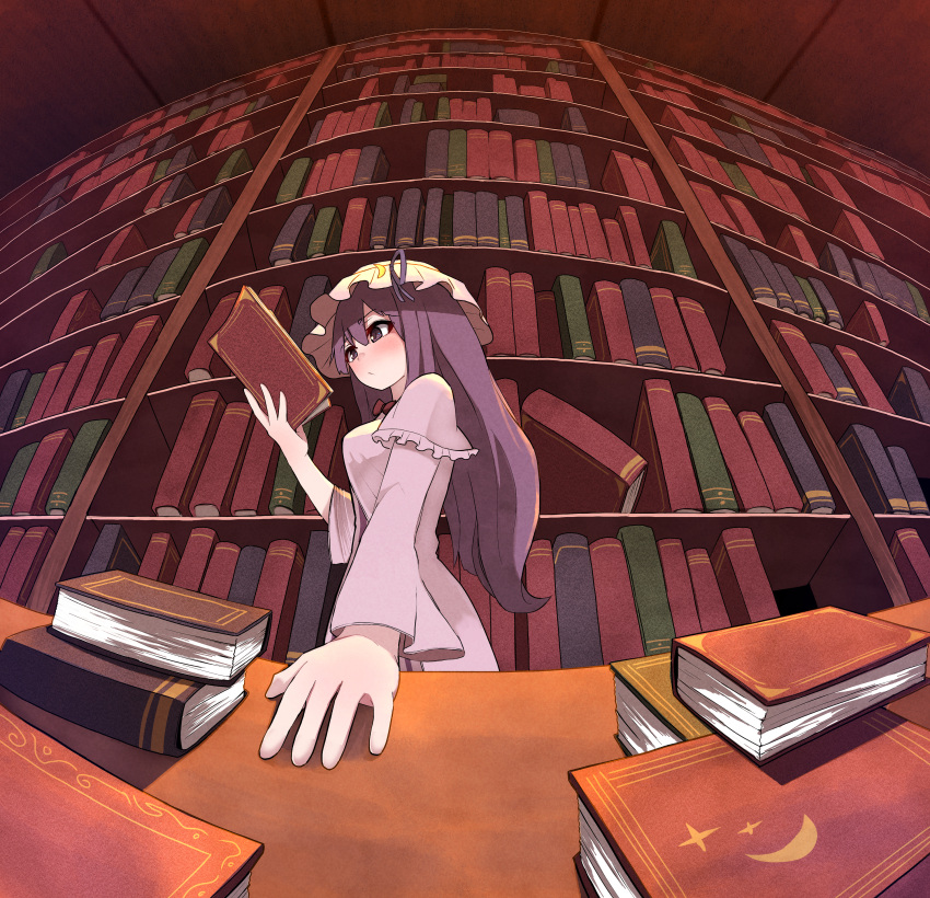 1girl, absurdres, bangs, book, bookshelf, closed_mouth, crescent_moon, dress