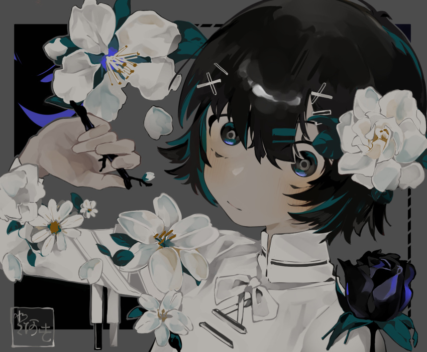 1girl, black_eyes, black_flower, black_rose, closed_mouth, commentary_request, flower, green_hair