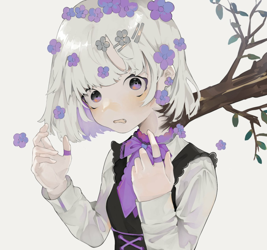 1girl, black_dress, bow, bowtie, branch, commentary, dress, fang