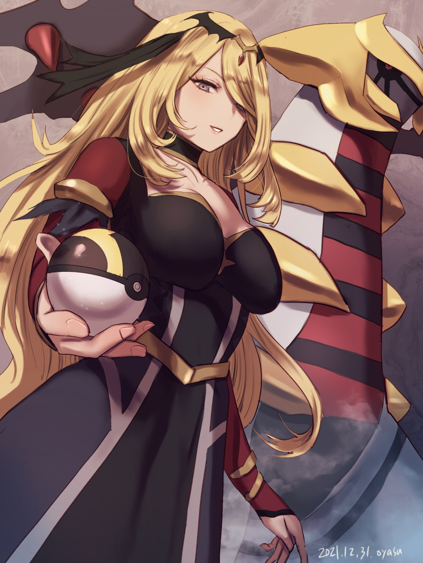 1girl, black_choker, blonde_hair, breasts, choker, collarbone, commentary_request, cynthia_(pokemon)