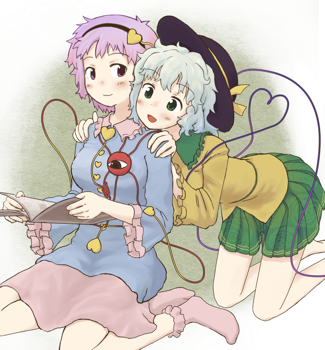 2girls, barefoot, black_headwear, blouse, blue_blouse, bobby_socks, book, bow