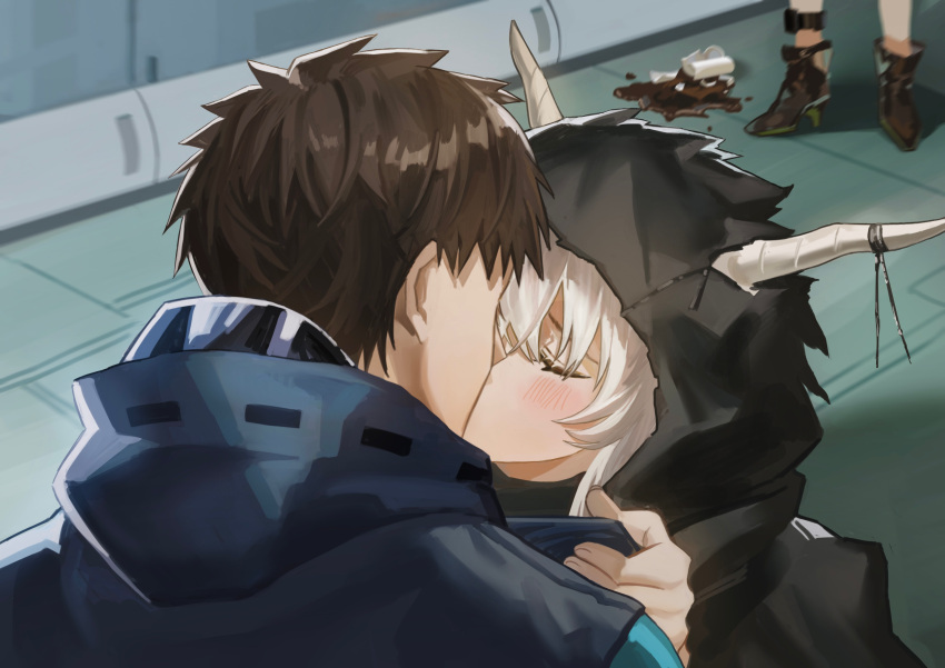 1boy, 2girls, absurdres, anklet, arknights, black_coat, blush, broken_cup