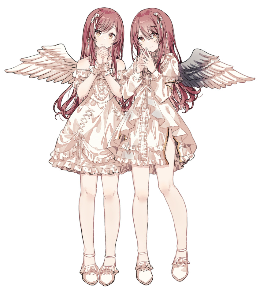 2girls, absurdres, bangs, bare_legs, bare_shoulders, black_wings, burnt_clothes, closed_mouth