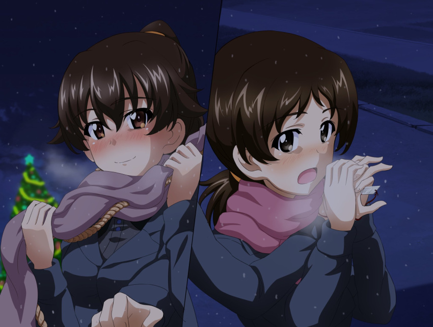 2girls, bangs, blue_coat, blurry, blurry_background, blush, breath, brown_eyes