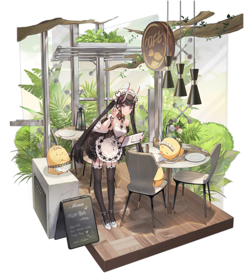 1girl, anklet, apron, atdan, azur_lane, bare_shoulders, black_hair, black_legwear