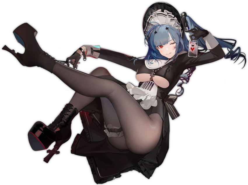 1girl, :p, azur_lane, black_footwear, black_gloves, black_legwear, blue_hair, breasts