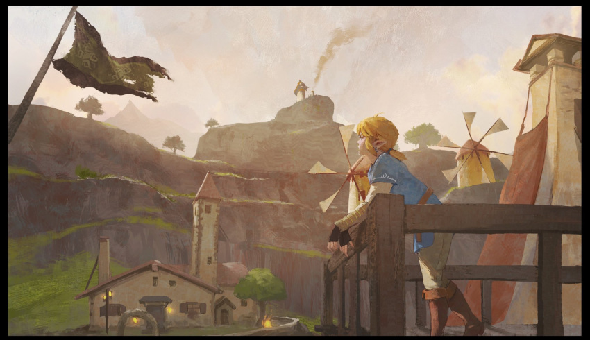 1boy, against_fence, black_gloves, blonde_hair, blue_tunic, boots, brown_footwear, building