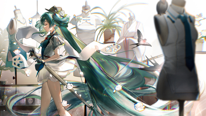 1girl, absurdly_long_hair, absurdres, alternate_costume, animal, bangs, bare_legs, bird