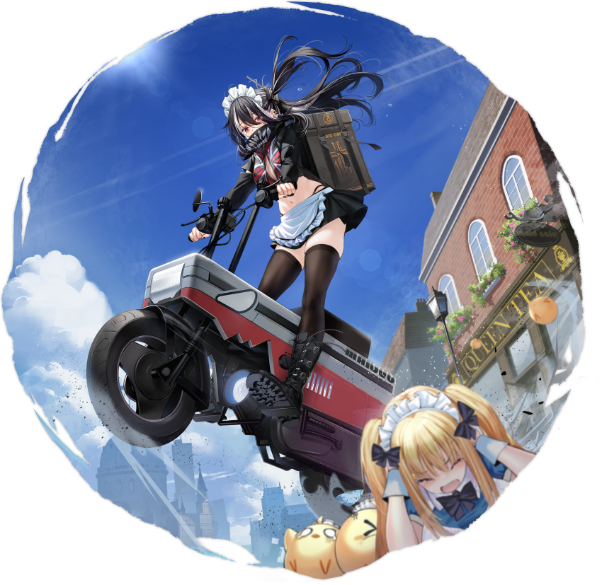 2girls, apron, azur_lane, black_footwear, black_hair, black_nails, black_panties, black_skirt, blue_sky, boots, breasts, covered_mouth, cross, day, ear_piercing, eyebrows_visible_through_hair, floating_hair, foreshortening, frilled_apron, frills, ground_vehicle, highres, icarus_(at_your_service)_(azur_lane), icarus_(azur_lane), iron_cross, large_breasts, lens_flare, long_hair, long_sleeves, looking_at_viewer, looking_down, maid_headdress, manjuu_(azur_lane), miniskirt, motor_vehicle, multicolored_hair, multiple_girls, nail_polish, navel, official_alternate_costume, official_art, one_side_up, ootsuki_momiji, outdoors, panties, piercing, red_eyes, skindentation, skirt, sky, streaked_hair, thigh-highs, thighs, transparent_background, u-47_(azur_lane), u-47_(urban_maid)_(azur_lane), underwear, unzipped, waist_apron, white_apron, zipper, zipper_pull_tab