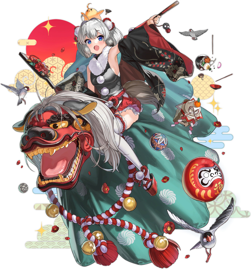 1girl, azur_lane, bare_shoulders, black_kimono, blue_eyes, closed_fan, folding_fan, fur_trim