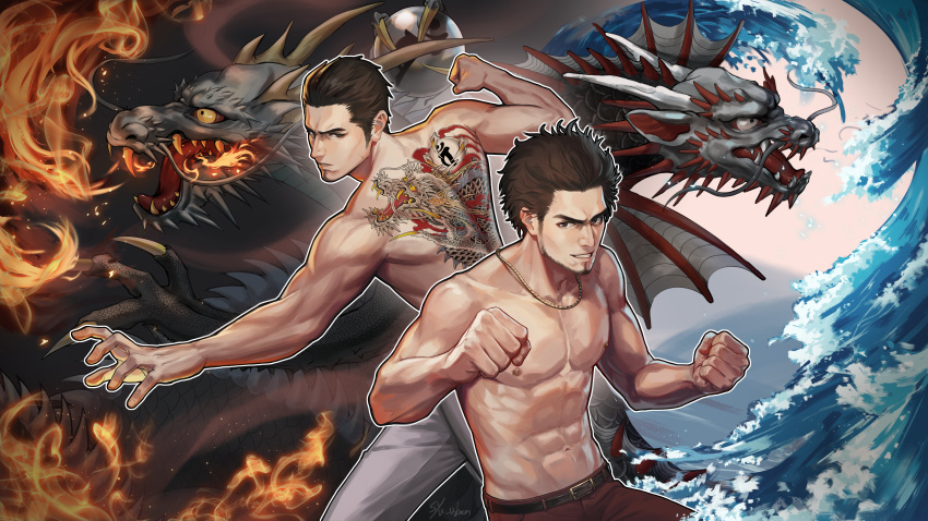 2boys, abs, absurdres, afro, black_hair, brown_hair, clenched_hand, clenched_hands