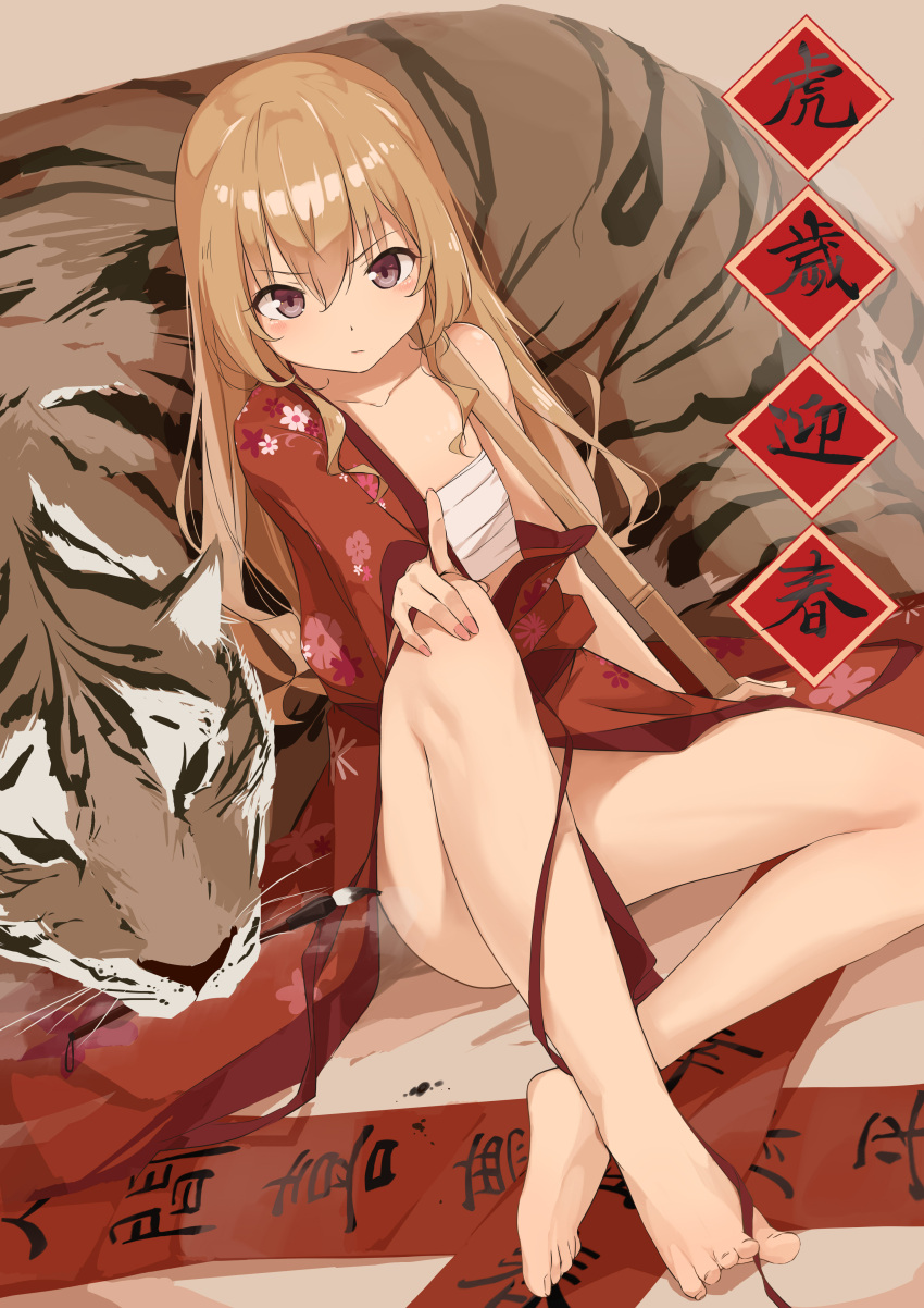 1girl, absurdres, aisaka_taiga, animal, bangs, bare_shoulders, barefoot, bokken