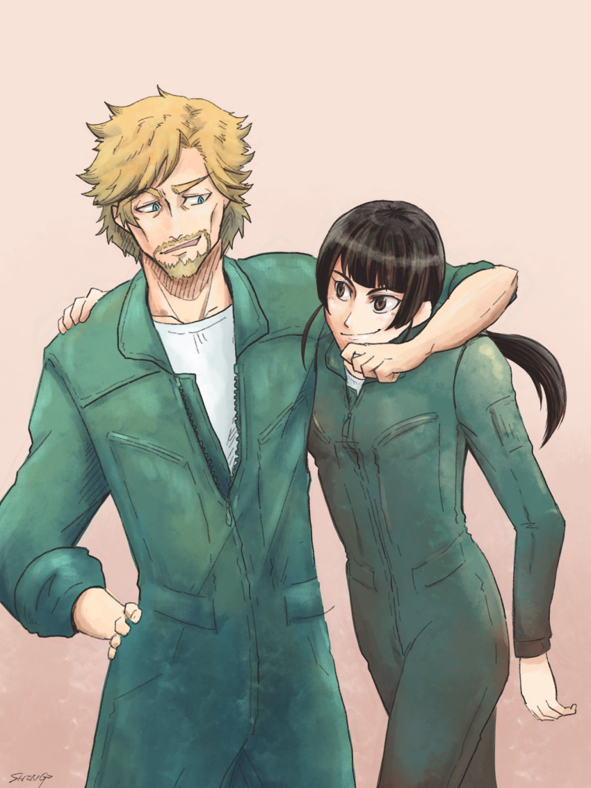 1boy, 1girl, ace_combat, ace_combat_7, arm_around_shoulder, bangs, beard, black_hair