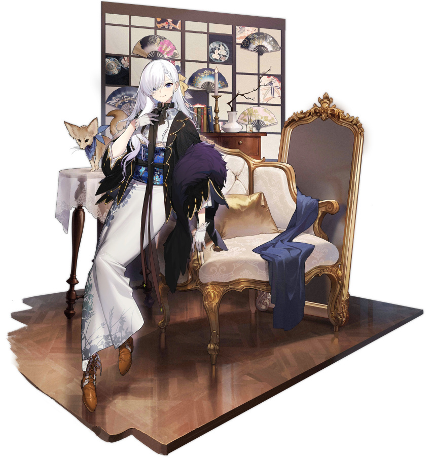 1girl, animal, azur_lane, belfast_(azur_lane), belfast_(folded_fascination)_(azur_lane), blue_sash, feather_boa, fennec_fox