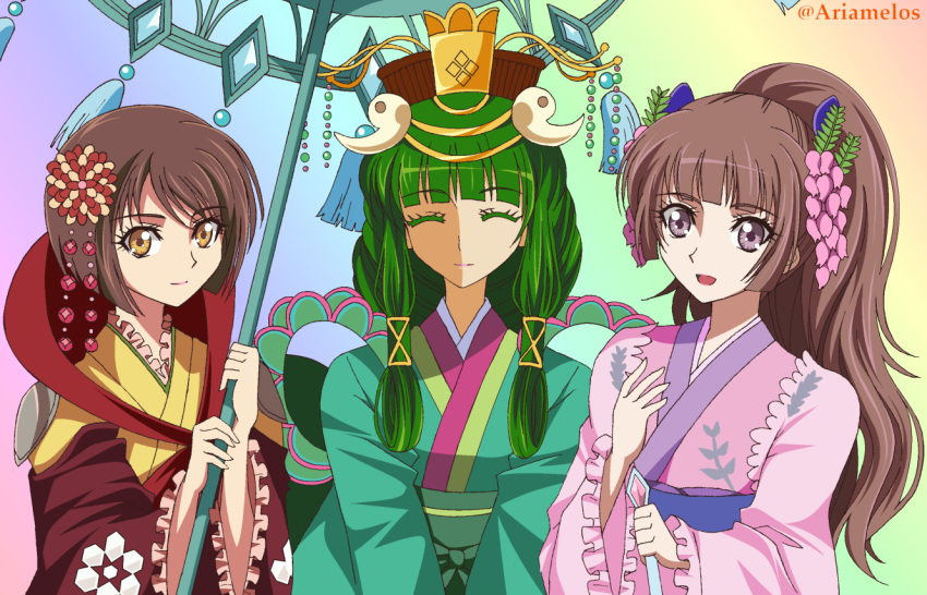 3girls, ariamelos, blush, brown_hair, duel_monster, erica_the_rikka_fairy, green_hair, kanzashi_the_rikka_queen, kimono, kimono_skirt, long_hair, ponytail, short_hair, smile, sylvan_princessprite, twitter_username, yu-gi-oh!, yuu-gi-ou