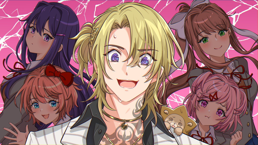 1boy, 4girls, :d, :t, @_@, augustus_(luca_kaneshiro), bangs, blonde_hair