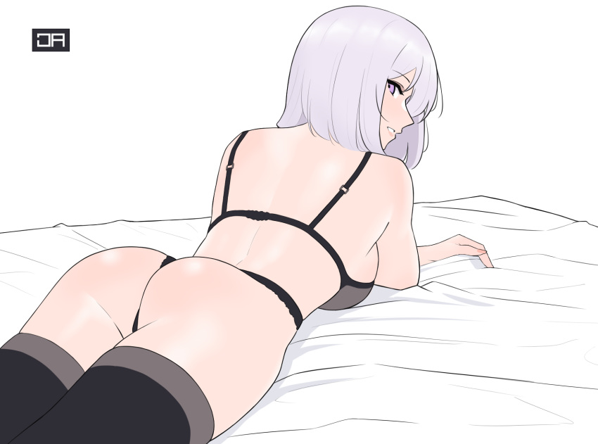 1girl, ass, black_bra, black_legwear, black_panties, bra, breasts, cowboy_shot, girls_frontline, grin, highres, j_adsen, large_breasts, looking_at_viewer, looking_back, lying, on_stomach, panties, rpk-16_(girls'_frontline), short_hair, silver_hair, smile, solo, thigh-highs, underwear, underwear_only, violet_eyes, white_background