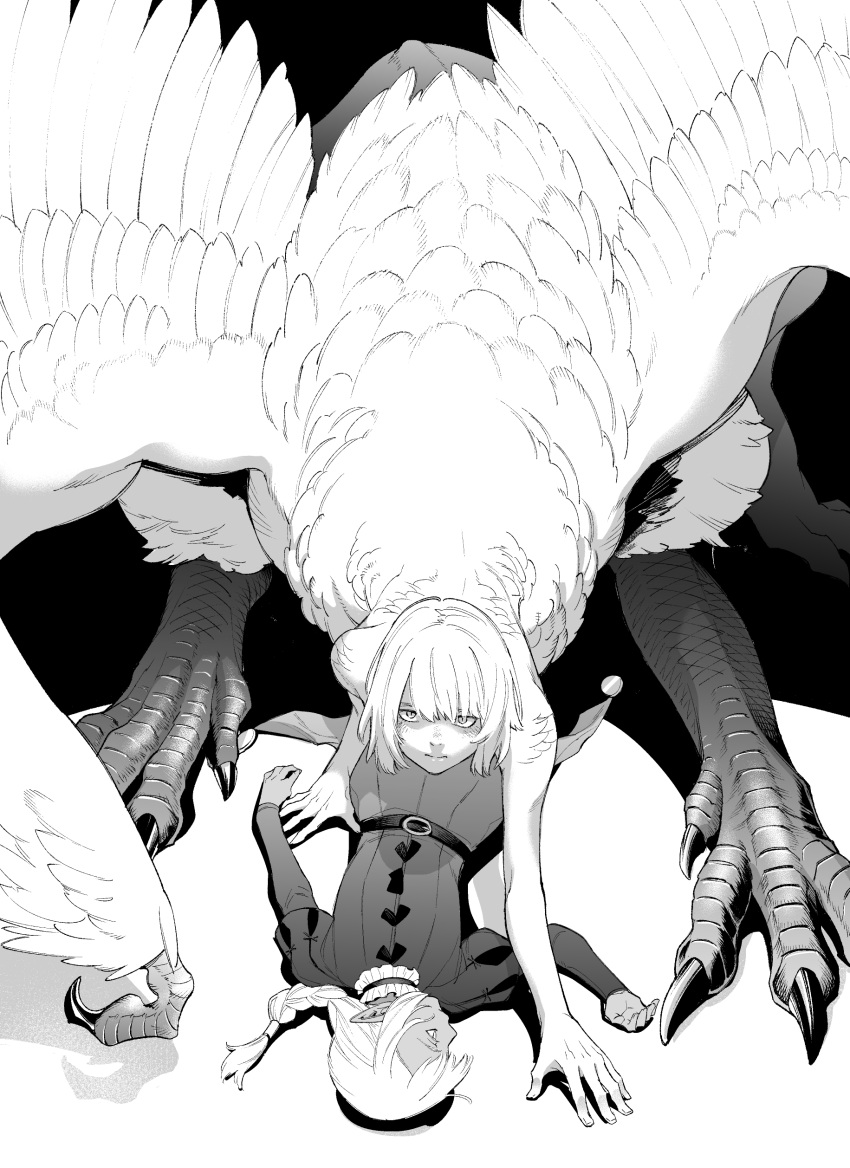 1boy, 1girl, absurdres, bangs, belt, bent_over, black_background, bob_cut, braid, braided_ponytail, centauroid, chimera, closed_mouth, dark-skinned_male, dark_skin, dungeon_meshi, empty_eyes, enaka1101, falin_thorden, frown, greyscale, hands_on_floor, highres, juliet_sleeves, long_sleeves, looking_at_viewer, lying, monochrome, monster_girl, on_back, profile, protecting, puff_and_slash_sleeves, puffy_sleeves, short_hair, sidelocks, single_braid, spoilers, taur, thistle_(dungeon_meshi), white_background, wings
